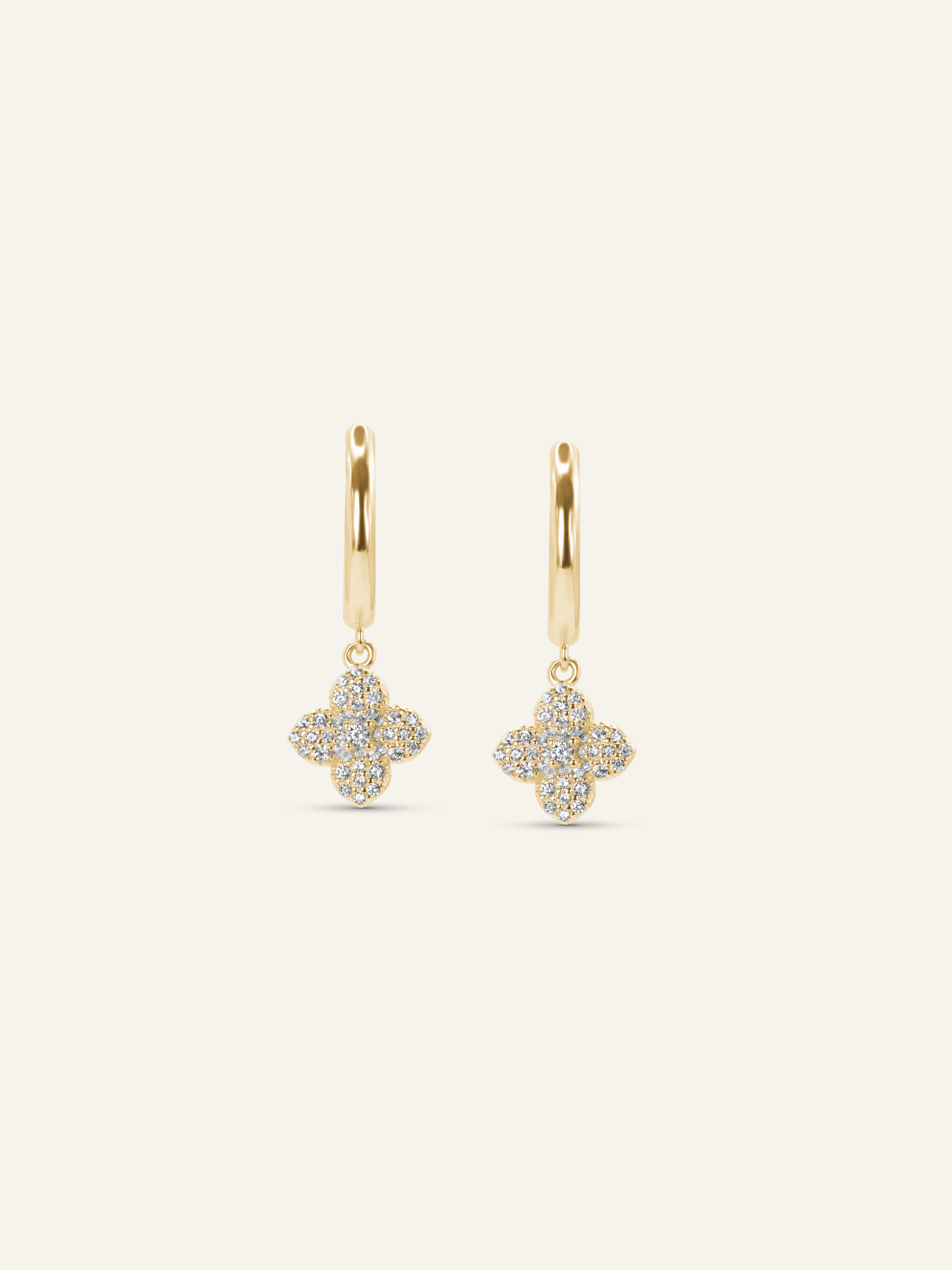 Mini Hydrangea hoop earrings with gold plating, dangling hydrangea flower design, and sparkly cubic zirconia stones, luxurious yet affordable jewellery on white background