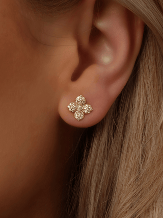 Close-up of Mini Lemon Drop Hydrangea stud earring in 14k Gold plating, worn in model’s ear with lemon CZ stones forming a dainty flower
