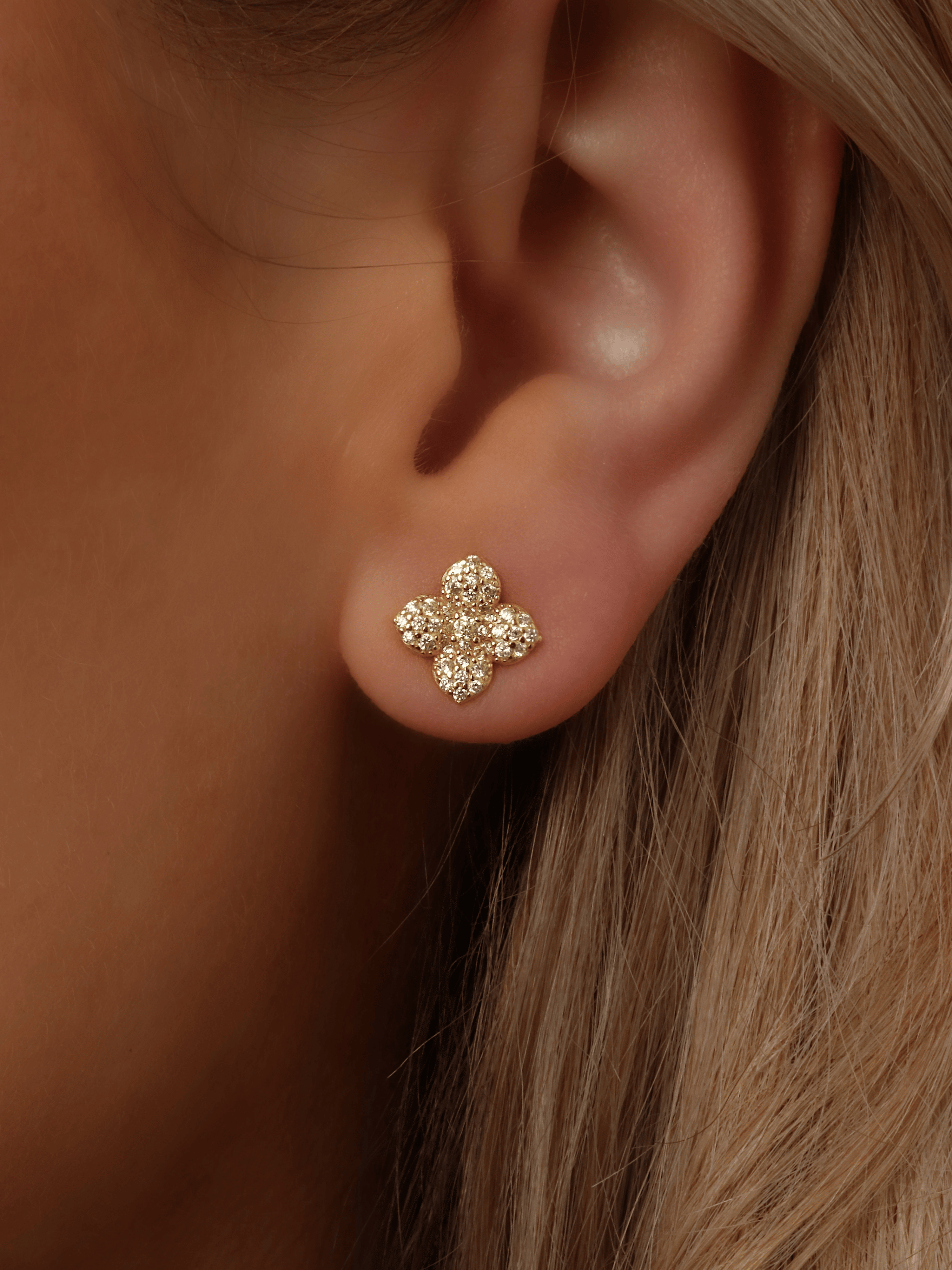 Close-up of Mini Lemon Drop Hydrangea stud earring in 14k Gold plating, worn in model’s ear with lemon CZ stones forming a dainty flower