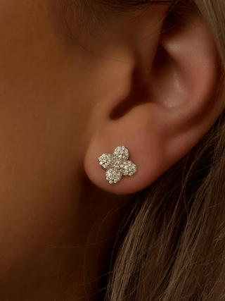 Close-up of Mini Lemon Drop Hydrangea stud earring in premium White Gold plating, with lemon CZ stones in a floral shape worn in model’s ear