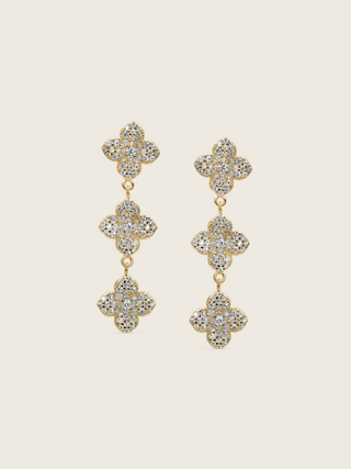 Mini Triple Hydrangea drop earrings in gold plating, featuring three dainty pavé flower motifs linked in a vertical cascade