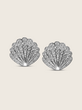 Muriel shell-shaped stud earrings in sterling silver with white gold plating and pavé-set cubic zirconia, vintage-inspired statement jewellery shown on a white background.