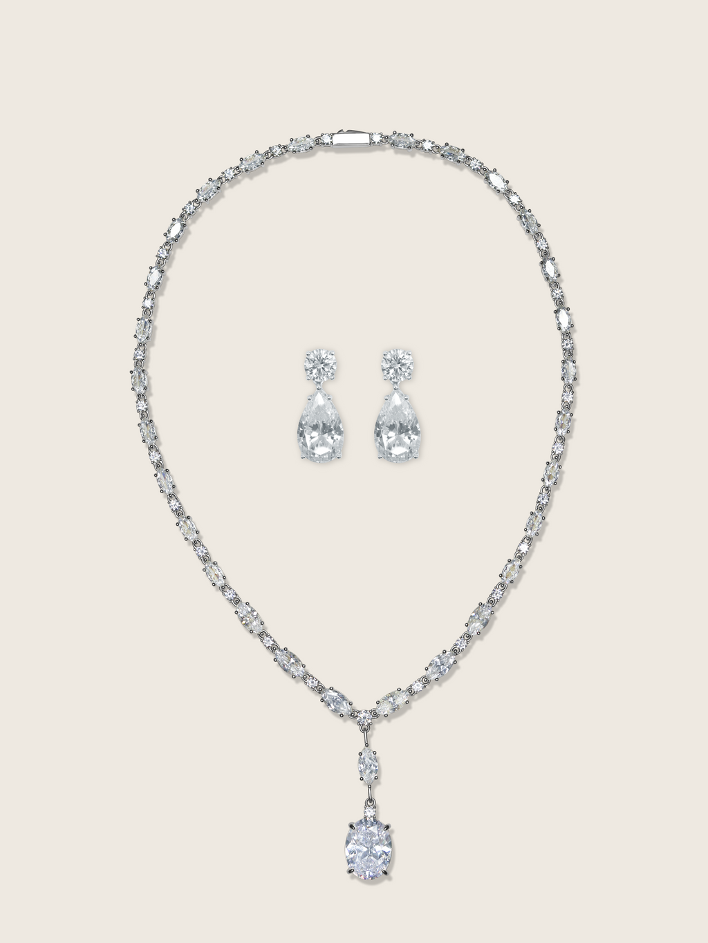 White gold plated jewellery set with Bridget drop necklace and Alexandra pear-cut CZ earrings, featuring brilliant cubic zirconia for a refined formal finish