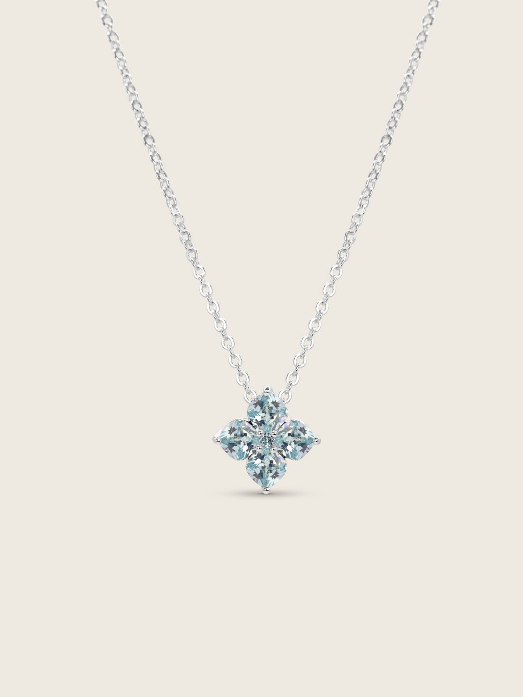 crystal hydrangea necklace white gold plated with aqua clover motif, sparkly and perfect for something blue 