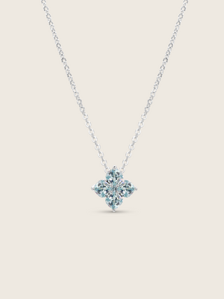 crystal hydrangea necklace white gold plated with aqua clover motif, sparkly and perfect for something blue 