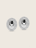 White Gold Plated Gigi Oval Stud earrings with sparkly CZ studs around the outside, shot on a neutral background