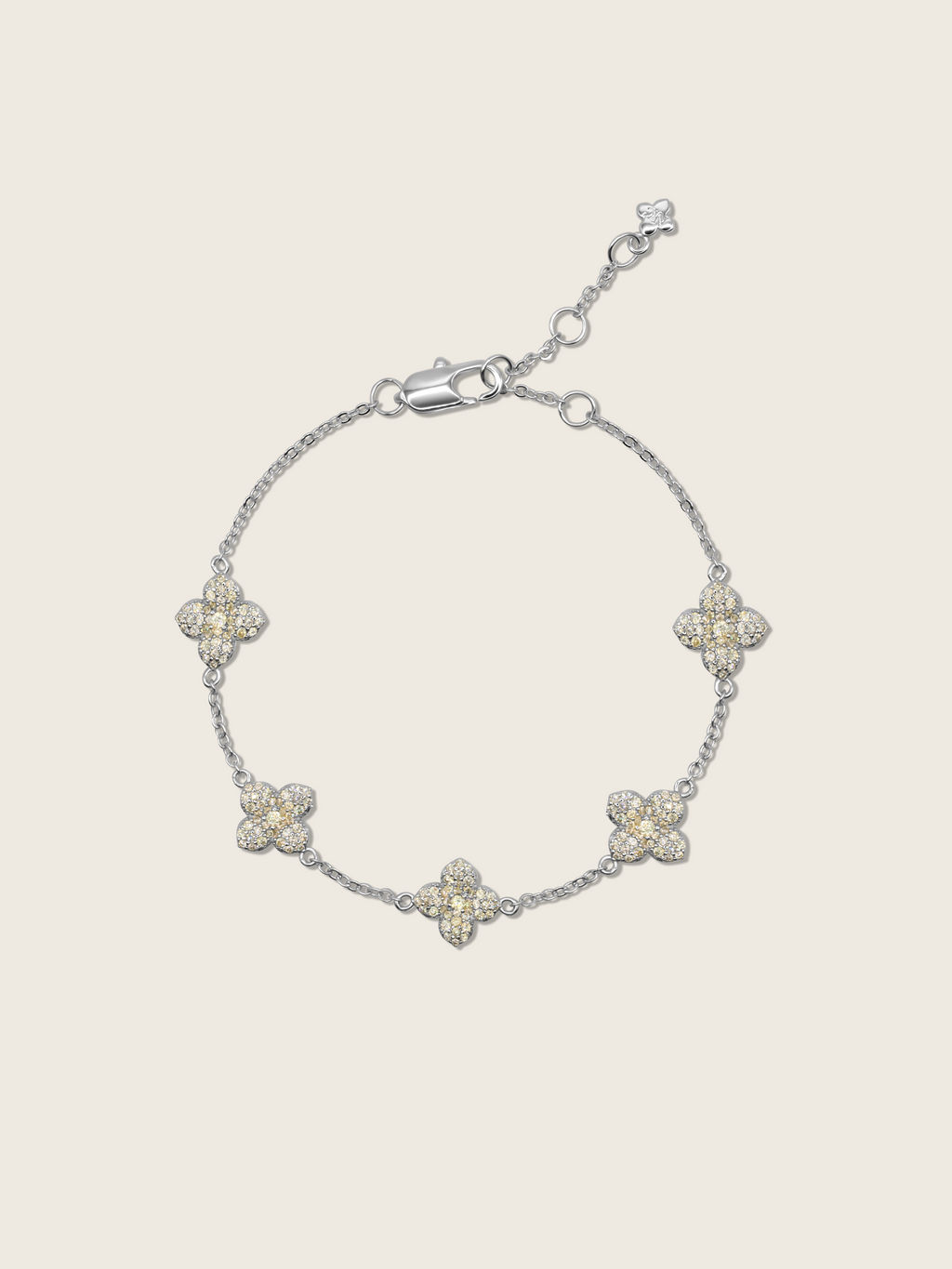 Premium white gold hydrangea flower bracelet with lemon yellow CZ stones and delicate mini floral charms on a fine chain