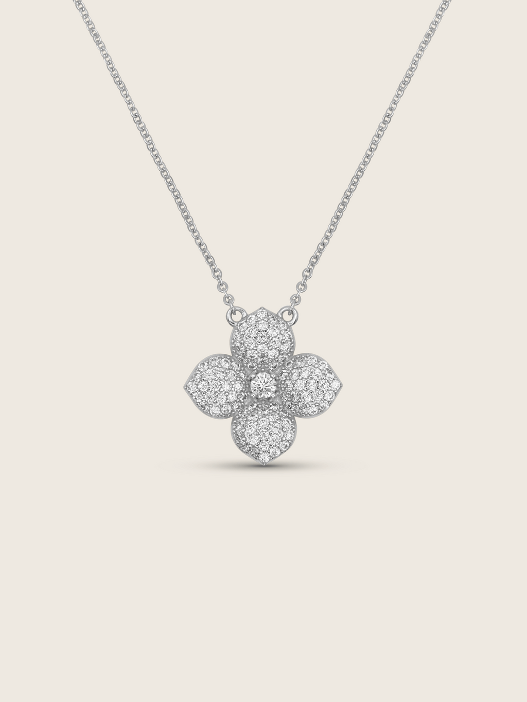Hydrangea pendant necklace in white gold plating with pavé cubic zirconia floral detailing on fine chain