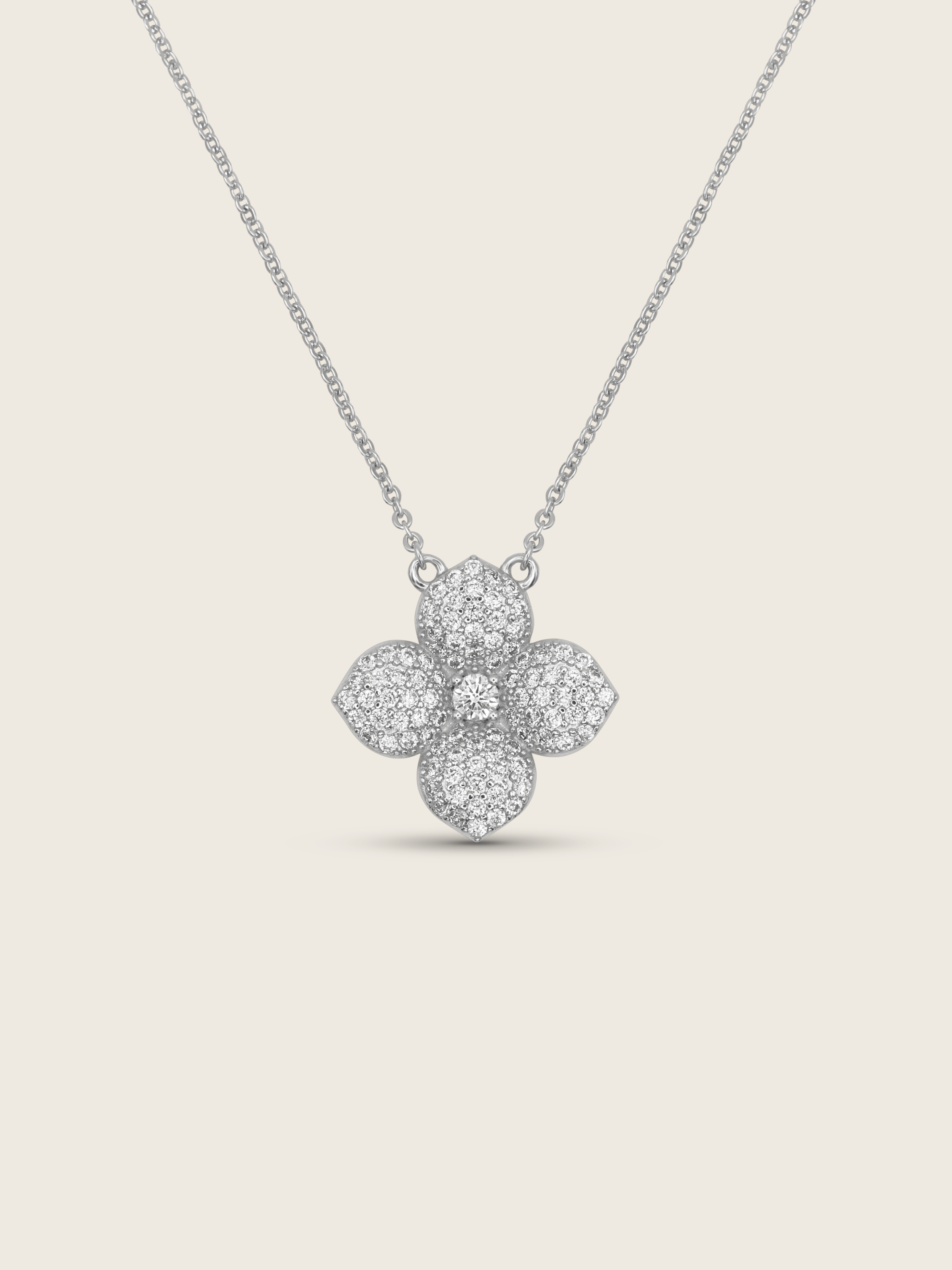 Hydrangea pendant necklace in white gold plating with pavé cubic zirconia floral detailing on fine chain