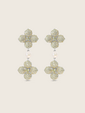 White gold plated hydrangea dangle earrings with yellow cubic zirconia stones and freshwater pearl on white background. Elegant floral drop earrings with sparkly detailing.