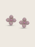 White gold plated mini hydrangea stud earrings with light pink cubic zirconia petals and pink centre stone on a neutral background, a delicate floral design ideal for soft sparkle and refined styling