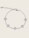 White gold chain bracelet with five crystal pavé hydrangea flower charms, delicate and adjustable design