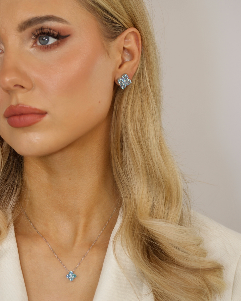 Crystal Hydrangea Stud Earrings - Aqua