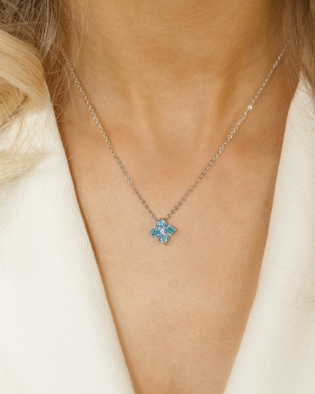 Mini Crystal Hydrangea Necklace - Aqua