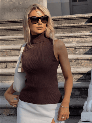 MARGOT Sleeveless Roll Neck Jumper - Chocolate